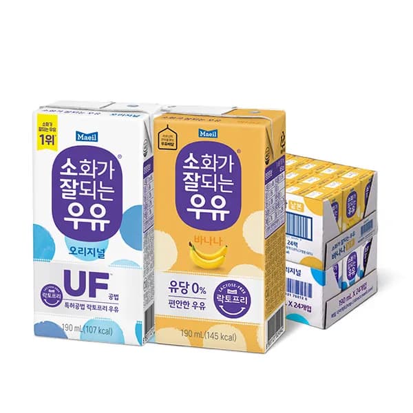 [매일유업] 소화가 잘되는 우유 2종 190ml 48팩 (오리지널 24팩 + 바나나 24팩)